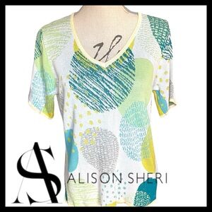 Alison Sheri White/Yellow/Teal Circle Pattern V-Neck Short Sleeve Knit Top (L)